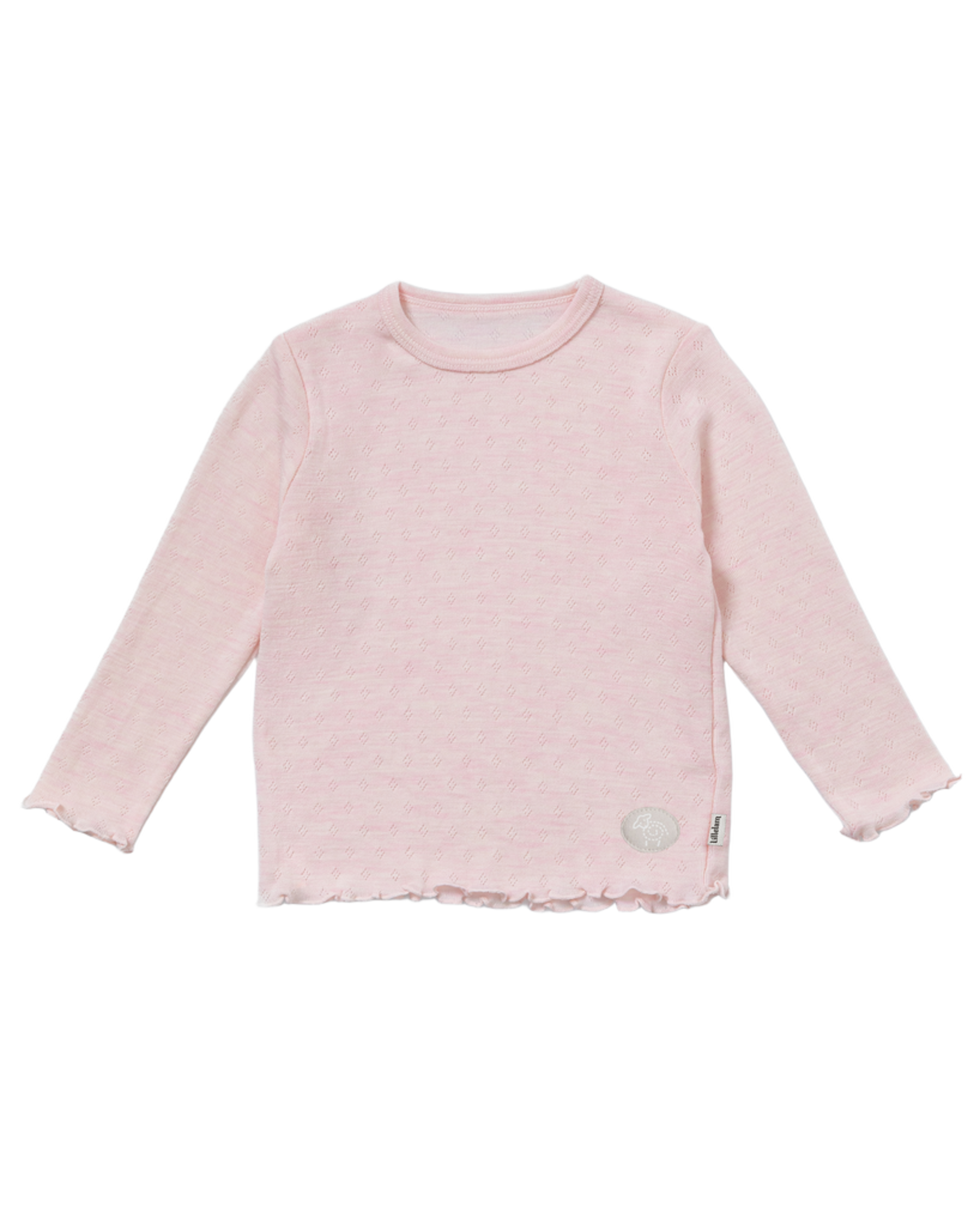 Ulltrøye m/ Volanger – Tynn ullkvalitet – 100% Merino, Pointelle, HImmelrosa