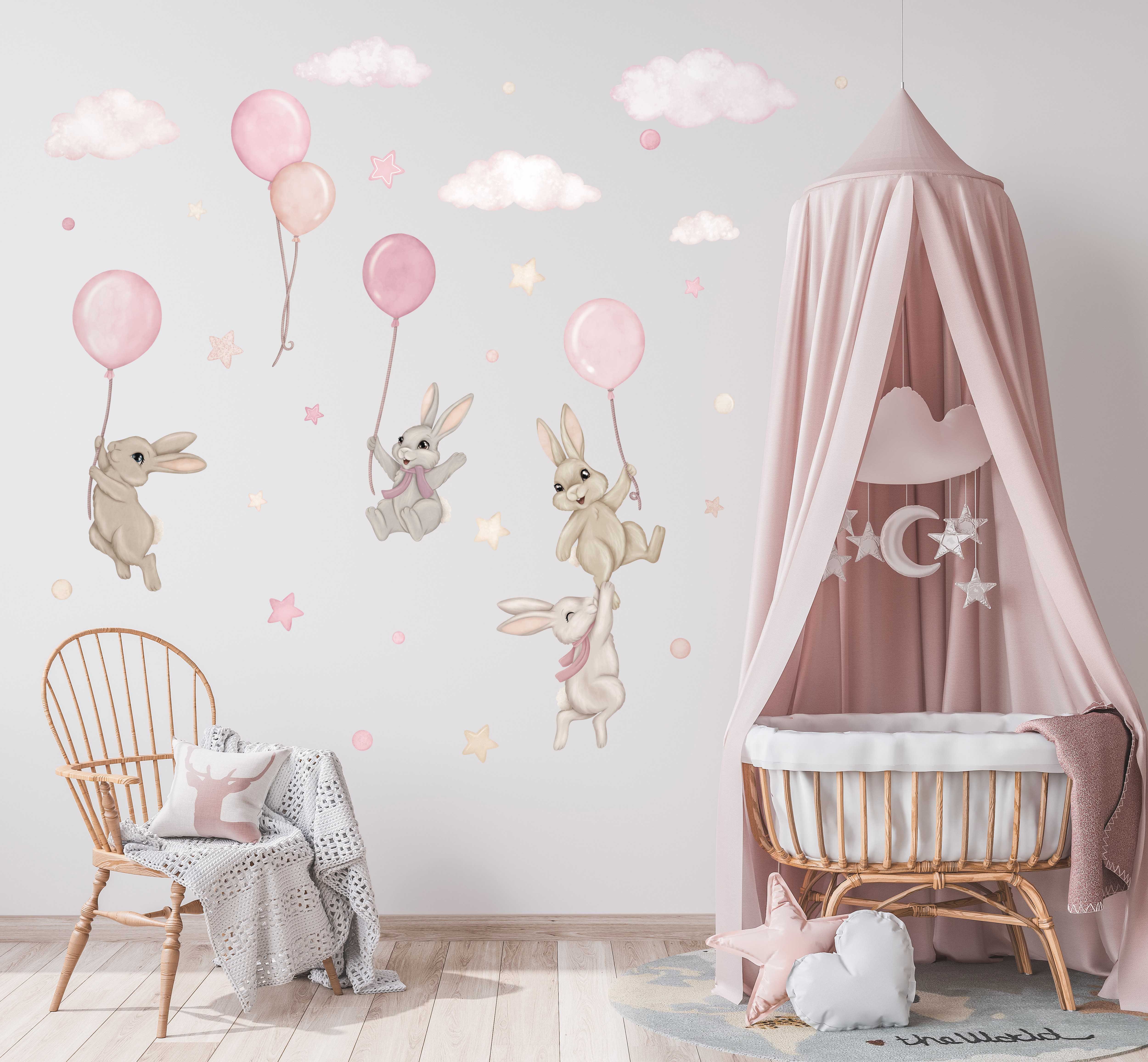 Wallstickers Kaniner med Ballonger – ØKO Veggklistremerker Barnerom | 30pk, MD00622, Powder Rosa
