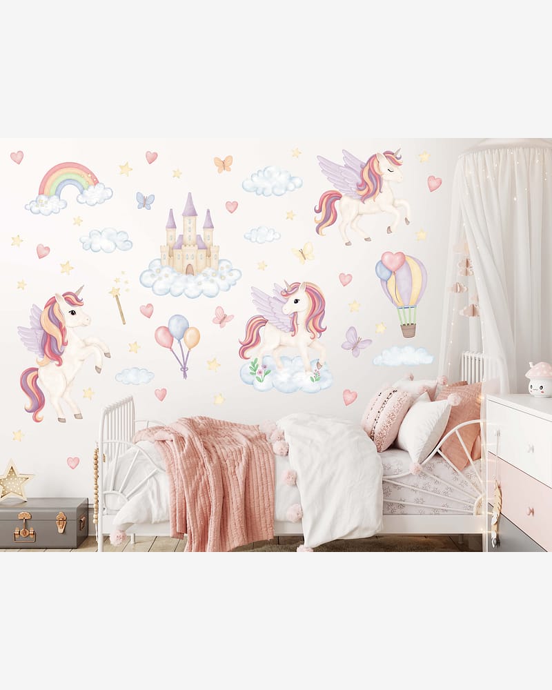 Wallstickers Enhjørning, Regnbue, Slott - Sett 50stk | ØKO Veggklistremerker Barnerom, MD00818