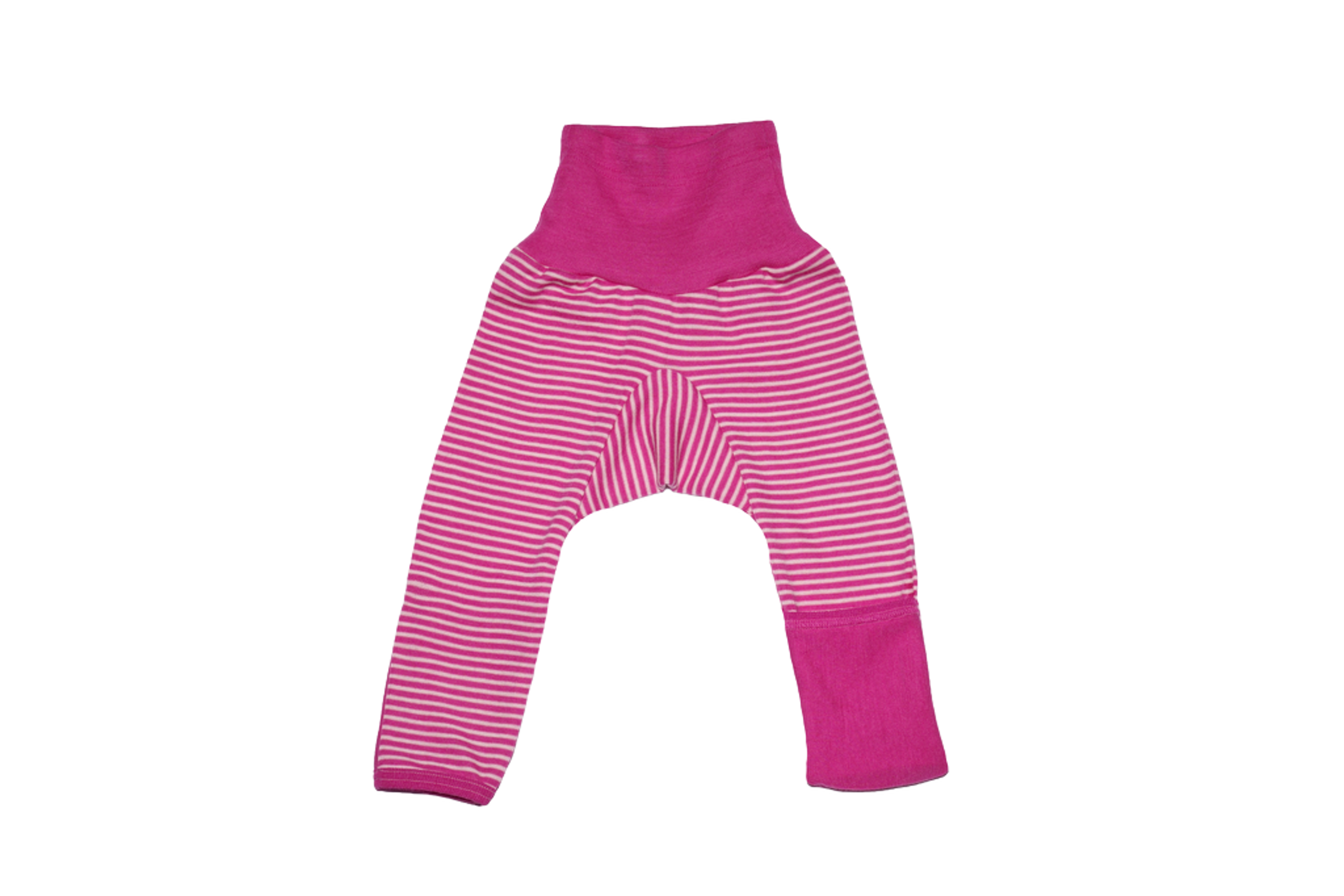 Ullbukse m/ dobbelt liv & trylleføtter – 70% Merino, 30% Silke – Ubehandlet Ull, Rosa Striper