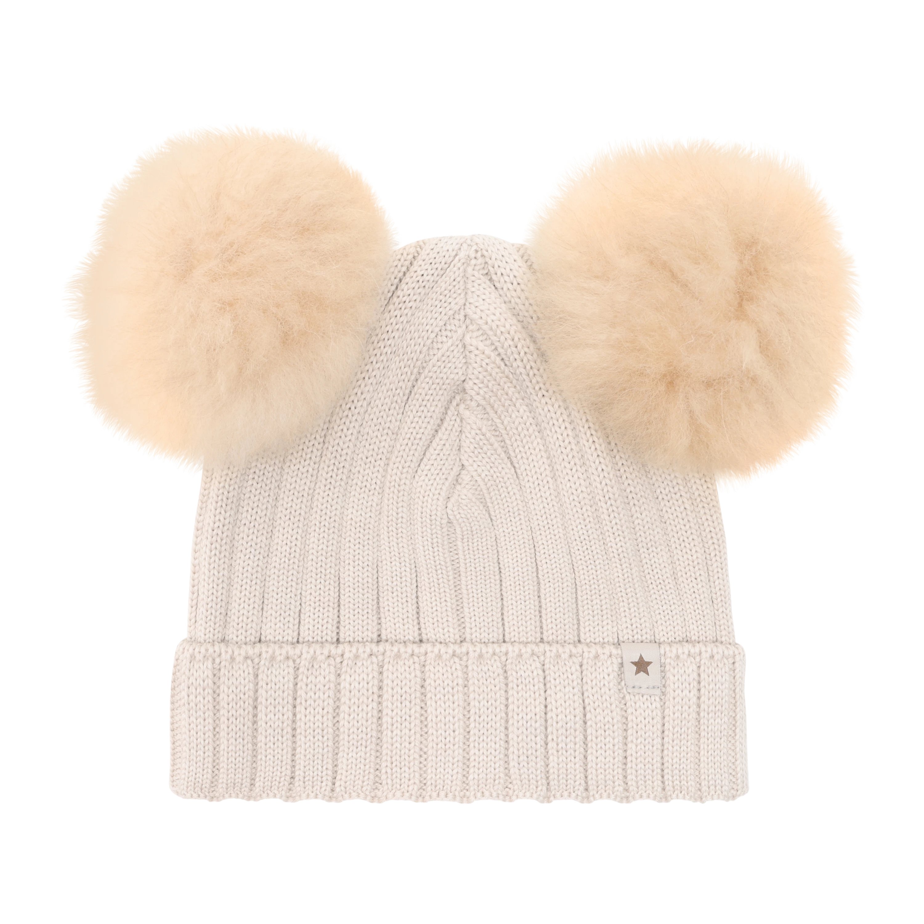 Lue med to Alpakkadusker – 100% Merinoull | Hat Knit Alpaca Pompoms, Sand Melange