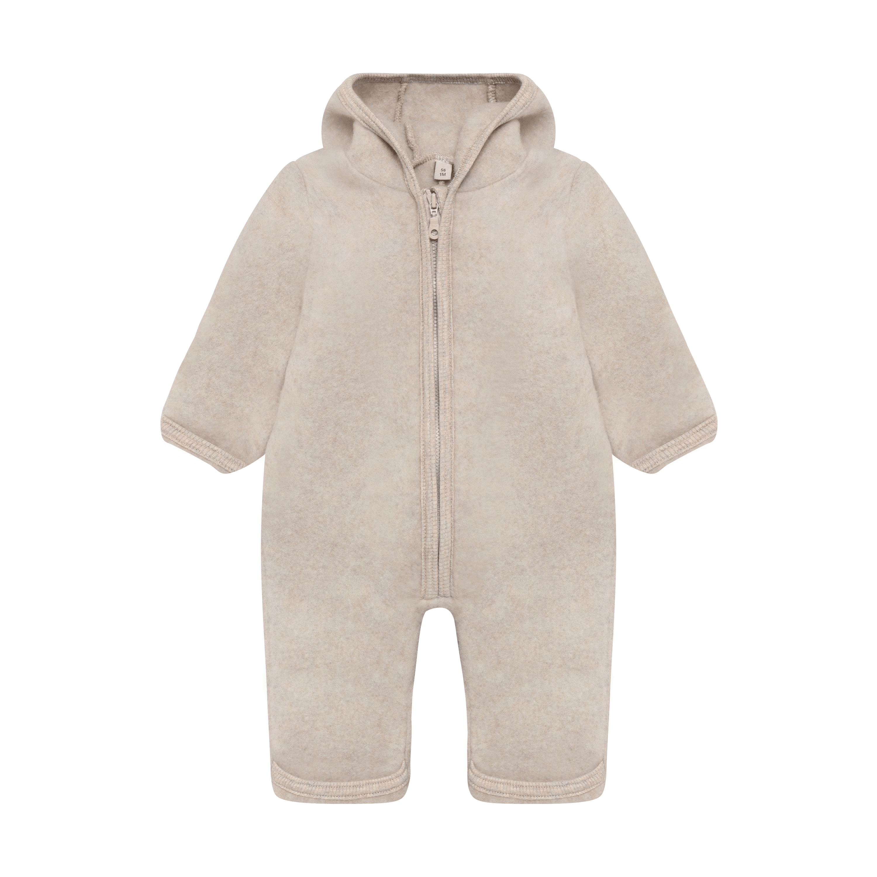 Ulldress i ullfleece med Kaninører- Varm, 100% Merino | Pram Suit Ears Wool Fleece, Beige - Camel Melange