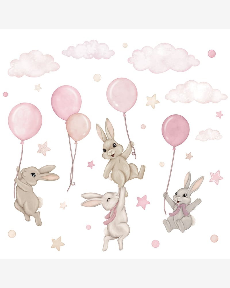 Wallstickers Kaniner med Ballonger - ØKO Veggklistremerker Barnerom | 30pk, MD00622