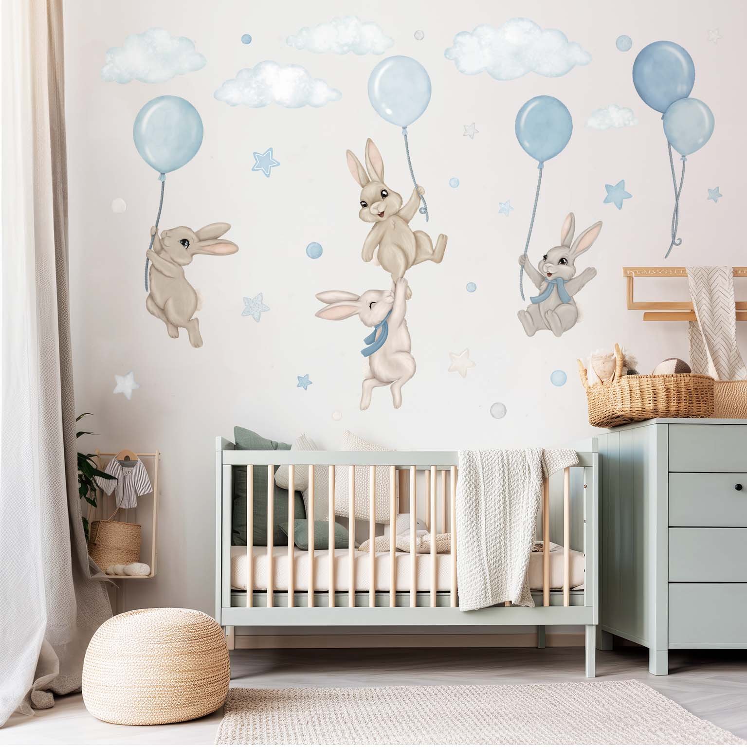 Wallstickers Kaniner med Ballonger – ØKO Veggklistremerker Barnerom | 30pk, MD00621, Blå