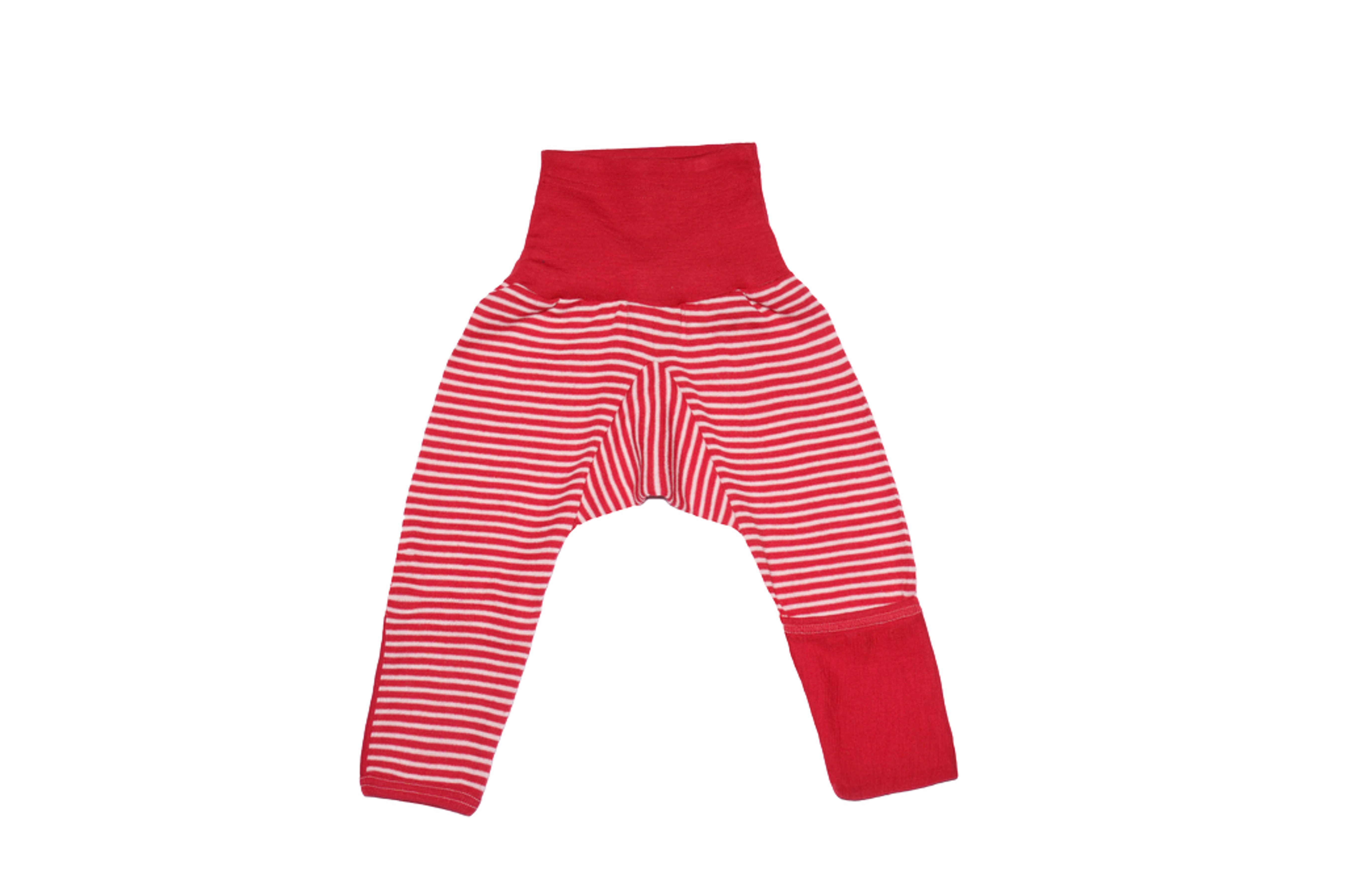 Ullbukse m/ dobbelt liv & trylleføtter – 70% Merino, 30% Silke – Ubehandlet Ull, Rød Striper